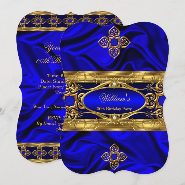 Elegant Royal Blue Gold Gems Silk Birthday Party 3 Invitation (Front/Back)