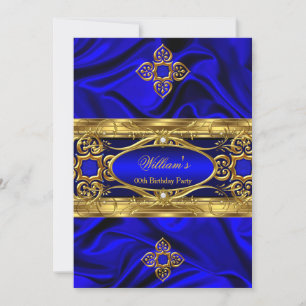 Elegant Royal Blue Gold Gems Silk Birthday Party 3 Invitation