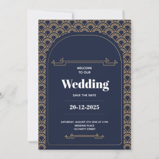 Elegant Royal Blue Gold Lace QR Code Wedding Invitation
