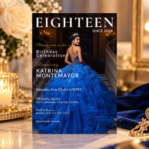 Elegant Royal Blue Gold Magazine 18th Birthday Invitation