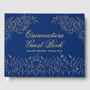 Elegant Royal Blue Gold Outline Floral Quinceanera Guest Book