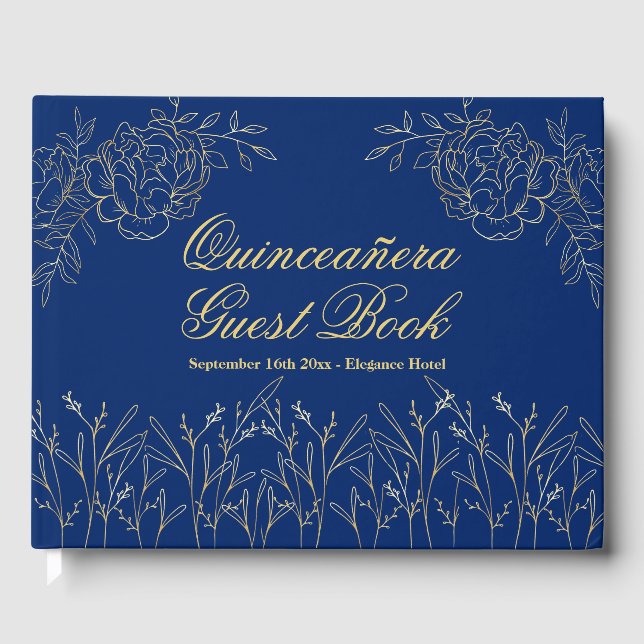 Elegant Royal Blue Gold Outline Floral Quinceanera Guest Book (Front)
