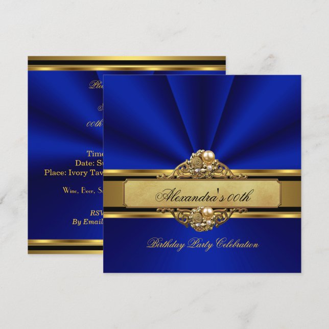 Elegant Royal Blue Gold Pearl Birthday Party Invitation (Front/Back)