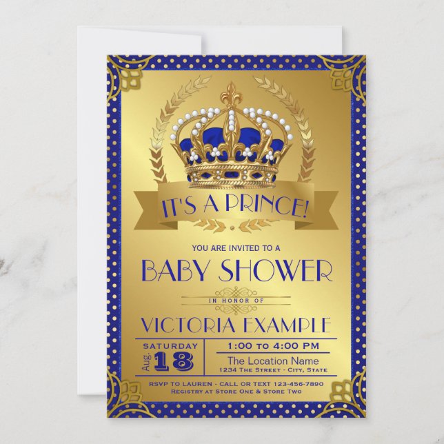 Elegant Royal Blue Gold Prince Baby Shower Invitation (Front)
