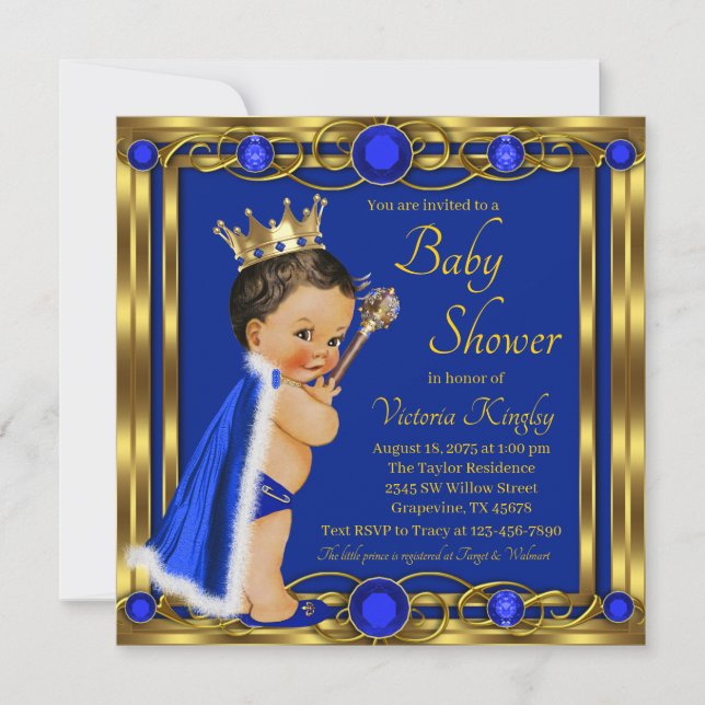 Elegant Royal Blue Gold Prince Jewel Baby Shower Invitation (Front)