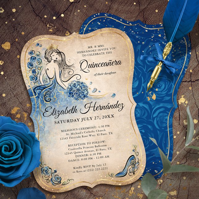 Elegant Royal Blue Gold Princess Quince Birthday Invitation (Royal blue and gold fairy tale princess invitations to bring a magical touch to your quinceanera!)
