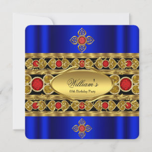 Elegant Royal Blue Gold Red Gems Birthday Party Invitation