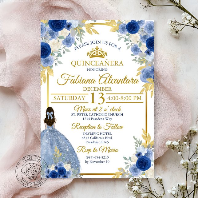 Elegant Royal Blue & Gold Rose Quinceañera  Invitation (Creator Uploaded)