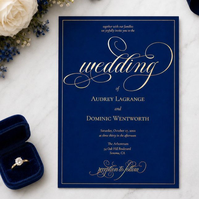 Elegant Royal Blue Gold Script Calligraphy Wedding (elegant opulent classic romantic royal blue calligraphy script gold foil wedding invitation)