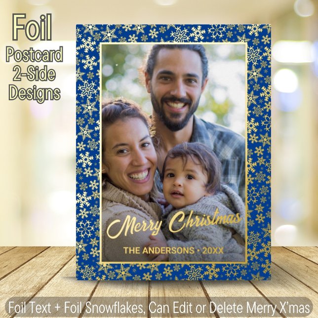 Elegant Royal Blue Gold Snowflakes Custom Photo Foil Holiday Postcard (Creator Uploaded)