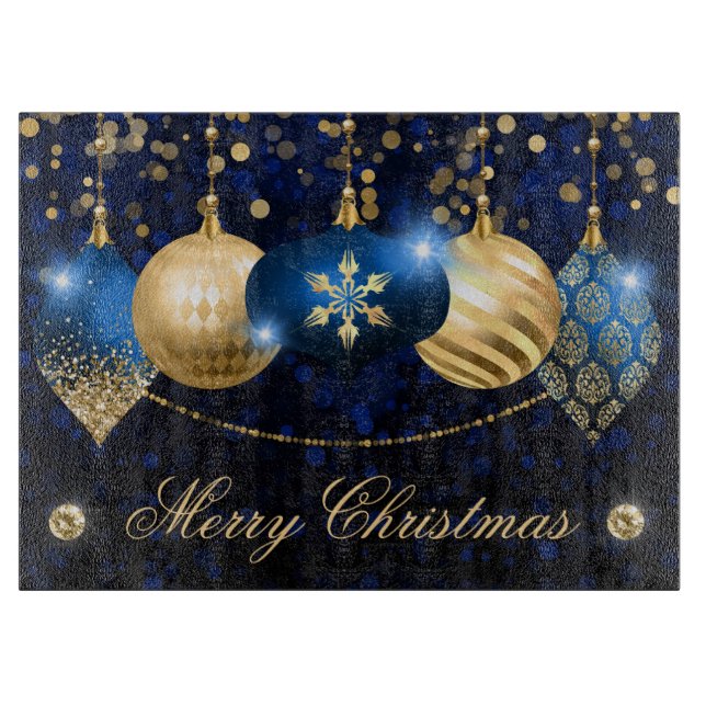 Elegant Royal Blue & Gold Winter Baubles Christmas Cutting Board (Front)