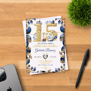Elegant Royal Blue Golden Tiara Mis Quince Acrylic Invitations