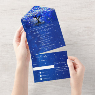 Elegant Royal Blue Heart Leaf Tree Wedding All In  All In One Invitation