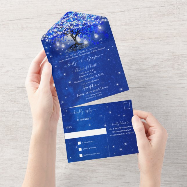 Elegant Royal Blue Heart Leaf Tree Wedding All In  All In One Invitation (Tearaway)