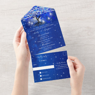 Elegant Royal Blue Heart Leaf Tree Wedding All In  One Invitation