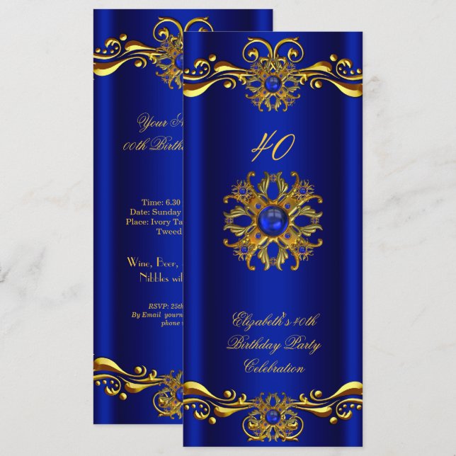 Elegant Royal Blue Jewel Gold Birthday Party 3 Invitation (Front/Back)