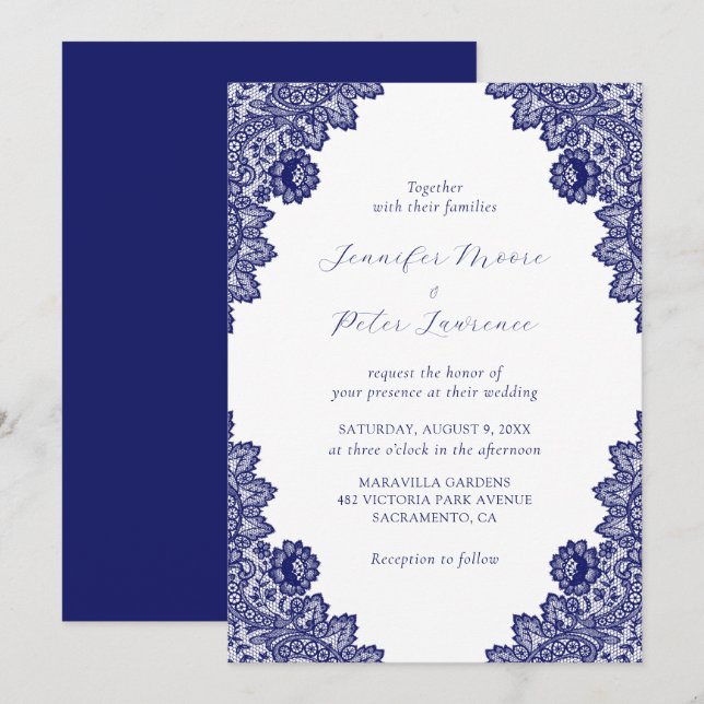 Elegant Royal Blue Lace Wedding Invitation (Front/Back)