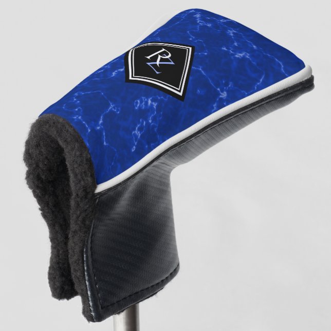 Elegant Royal Blue Marble Black Diamond Monogram Golf Head Cover (3/4 Front)