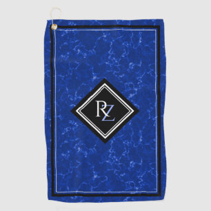 Elegant Royal Blue Marble Black Diamond Monogram Golf Towel