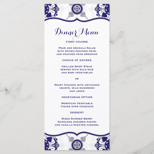 Elegant Royal Blue Medallion Pattern Dinner Menu (Front)