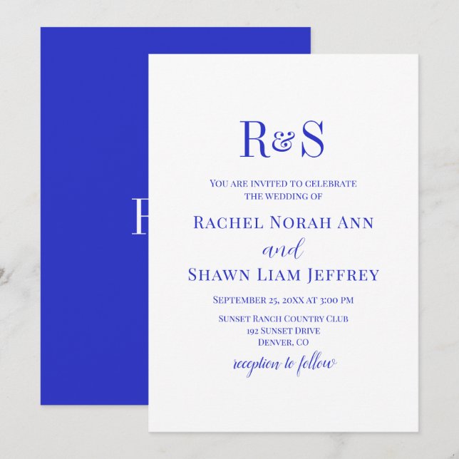 Elegant Royal Blue Modern Monogram Wedding Invitation (Front/Back)
