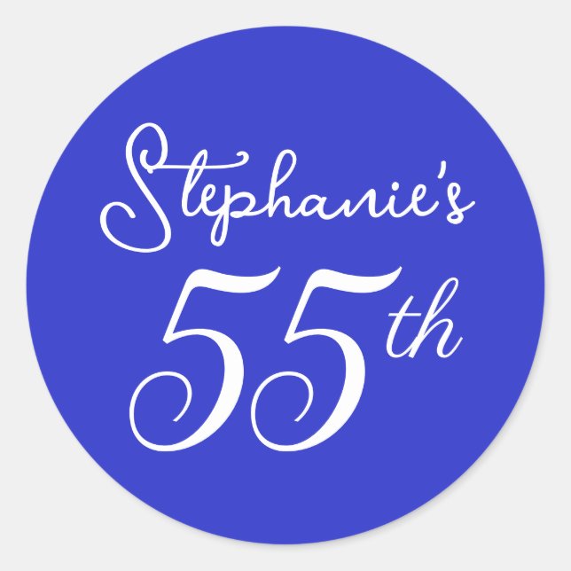 Elegant Royal Blue Monogram 55th Birthday Party Classic Round Sticker (Front)