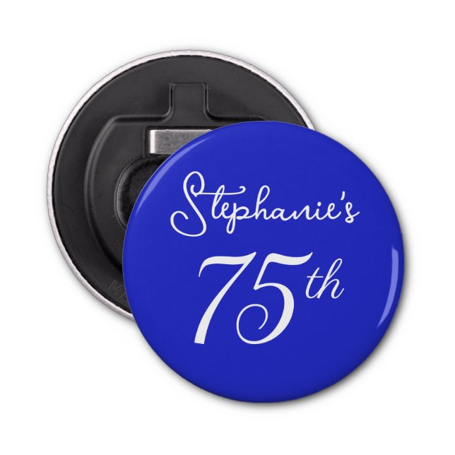 Elegant Royal Blue Monogram 75th Birthday Party Bottle Opener (Front)
