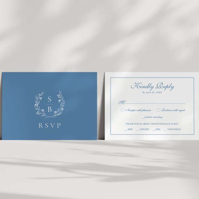 Elegant Royal Blue Monogram Botanical Wreath RSVP Enclosure Card (Creator Uploaded)