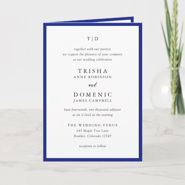 Elegant Royal Blue Monogram Modern Wedding Invitation (Front)