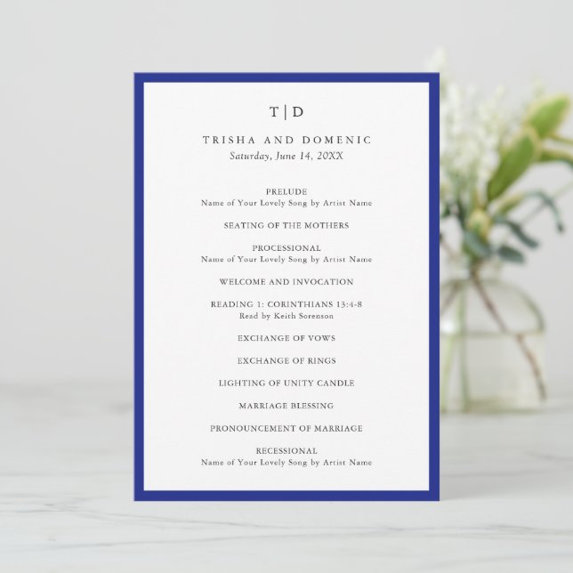 Elegant Royal Blue Monogram Modern Wedding Programme (Standing Front)