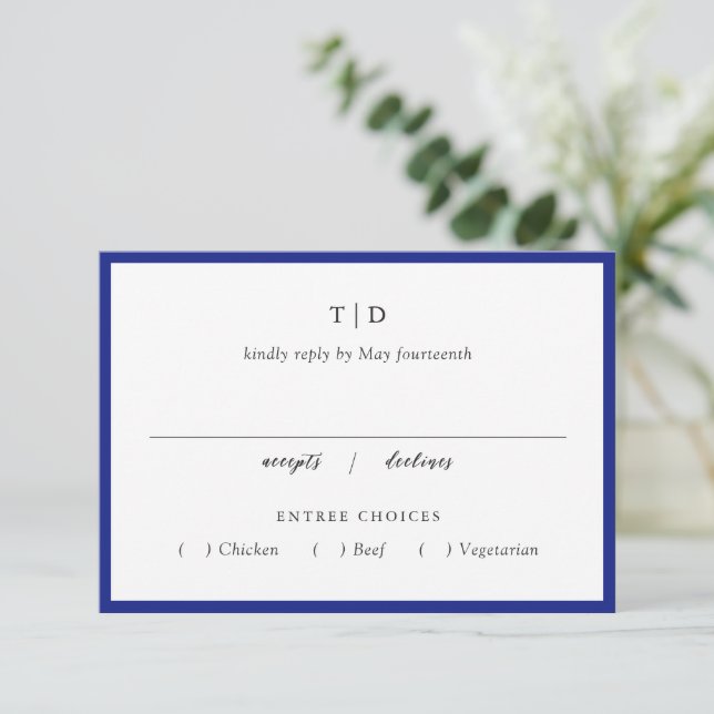 Elegant Royal Blue Monogram Modern Wedding RSVP Card (Standing Front)