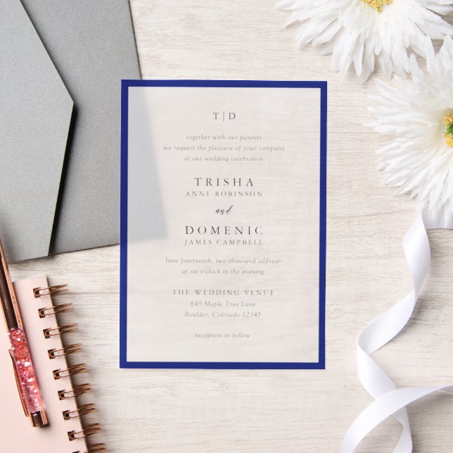 Elegant Royal Blue Monogram Modern Wedding Vellum Invitations (Wedding)