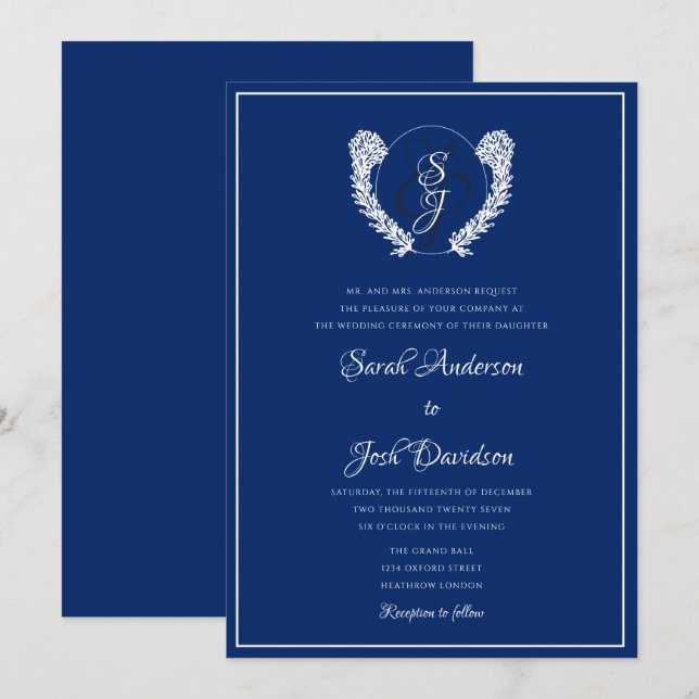 Elegant Royal Blue Monogram Wedding  Invitation (Front/Back)