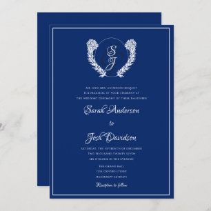 Elegant Royal Blue Monogram Wedding  Invitation