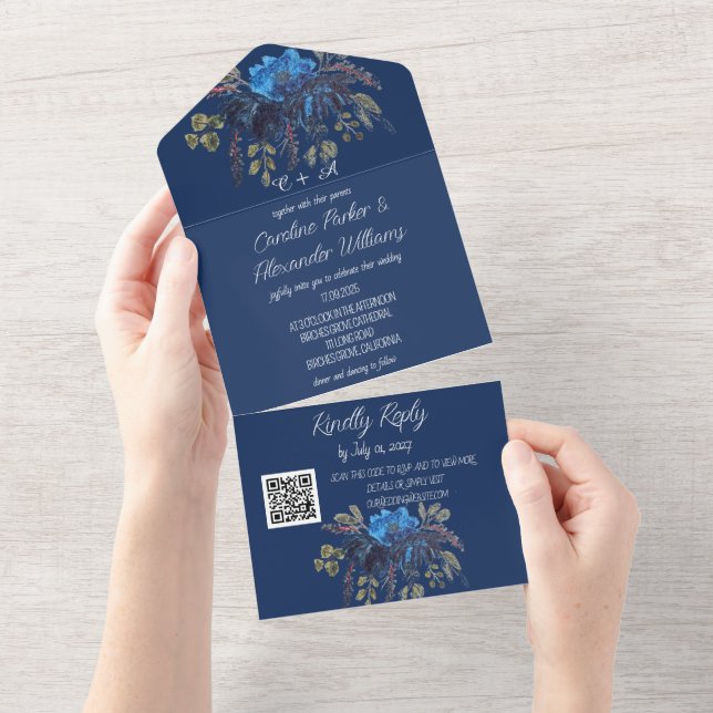 Elegant Royal Blue Navy Floral Modern RSVP QR Code All In One Invitation (Tearaway)