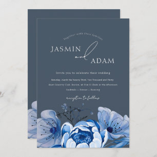 Elegant Royal Blue Opulence Floral Roses Wedding  Invitation
