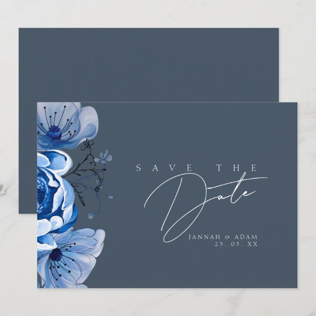 Elegant Royal Blue Opulence Floral Roses Wedding  Save The Date (Front/Back)