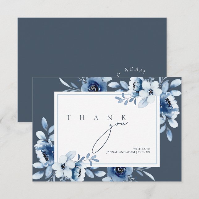 Elegant Royal Blue Opulence Floral Wedding Thank You Card (Front/Back)