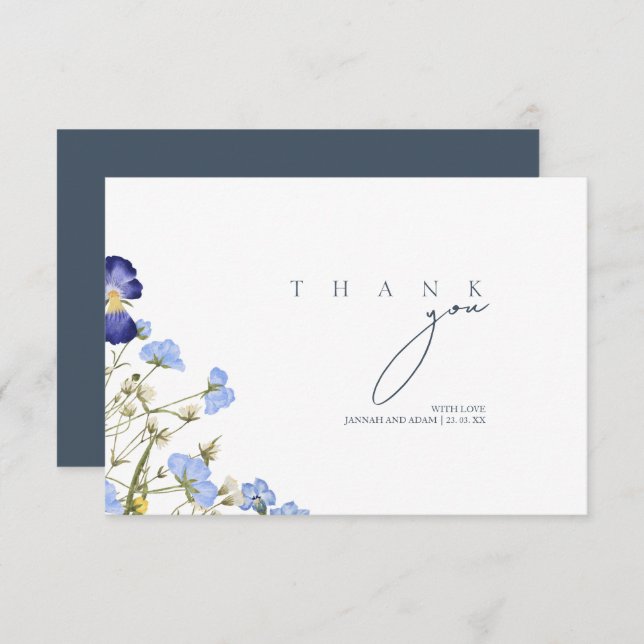 Elegant Royal Blue Opulence Wildflowers Wedding Thank You Card (Front/Back)