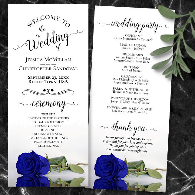 Elegant Royal Blue or Cobalt Rose Romantic Wedding Programme (Front and Back)