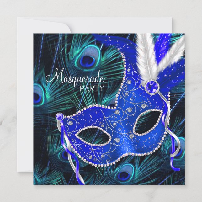 Elegant Royal Blue Peacock Masquerade Party Invitation (Front)
