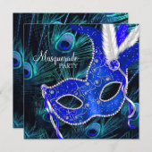 Elegant Royal Blue Peacock Masquerade Party Invitation (Front/Back)
