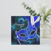 Elegant Royal Blue Peacock Masquerade Party Invitation (Standing Front)