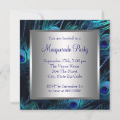 Elegant Royal Blue Peacock Masquerade Party Invitation (Back)