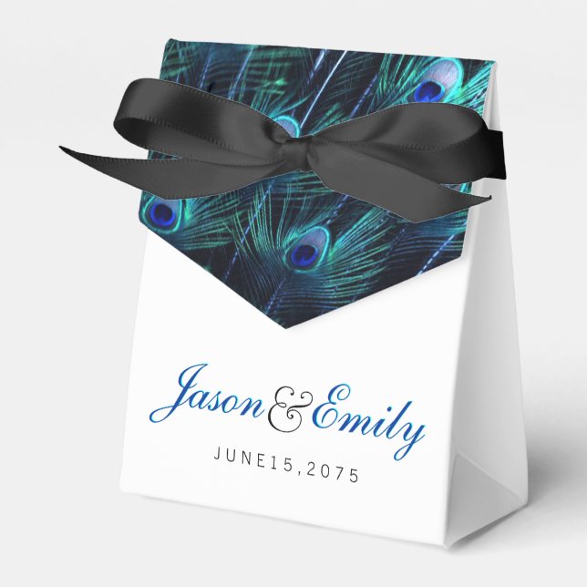 Elegant Royal Blue Peacock Wedding Favour Box (Front Side)