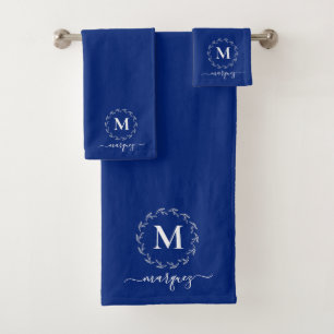 Elegant Royal Blue Personalised Wreath Monogram Bath Towel Set