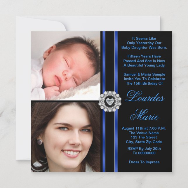 Elegant Royal Blue Photo Quinceanera Invitations (Front)