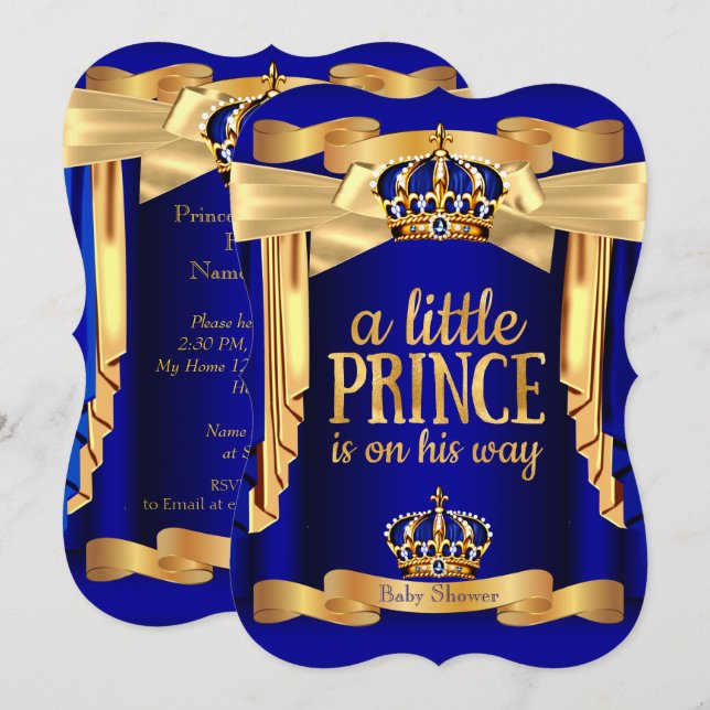 Elegant Royal Blue Prince Baby Shower Gold Crowns Invitation (Front/Back)