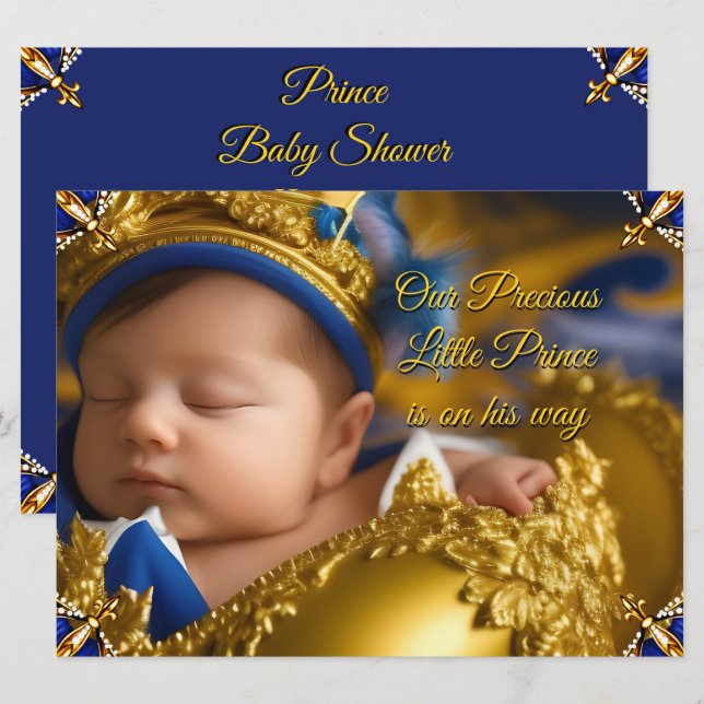Elegant Royal Blue Prince Boy Baby Shower Gold Invitation (Front/Back)