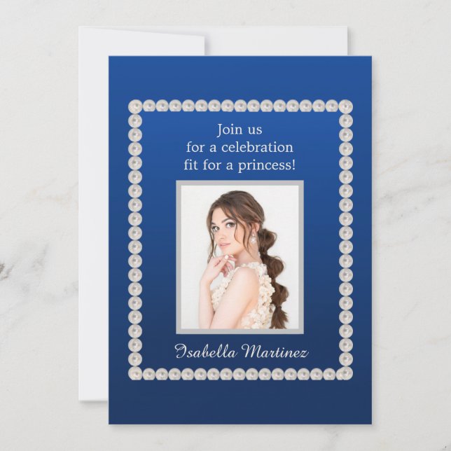 Elegant Royal Blue Quinceañera Photo Pearls Invitation (Front)
